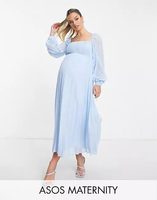 ASOS DESIGN Maternity square neck pleated midi skater dress in pale blue | ASOS (Global)