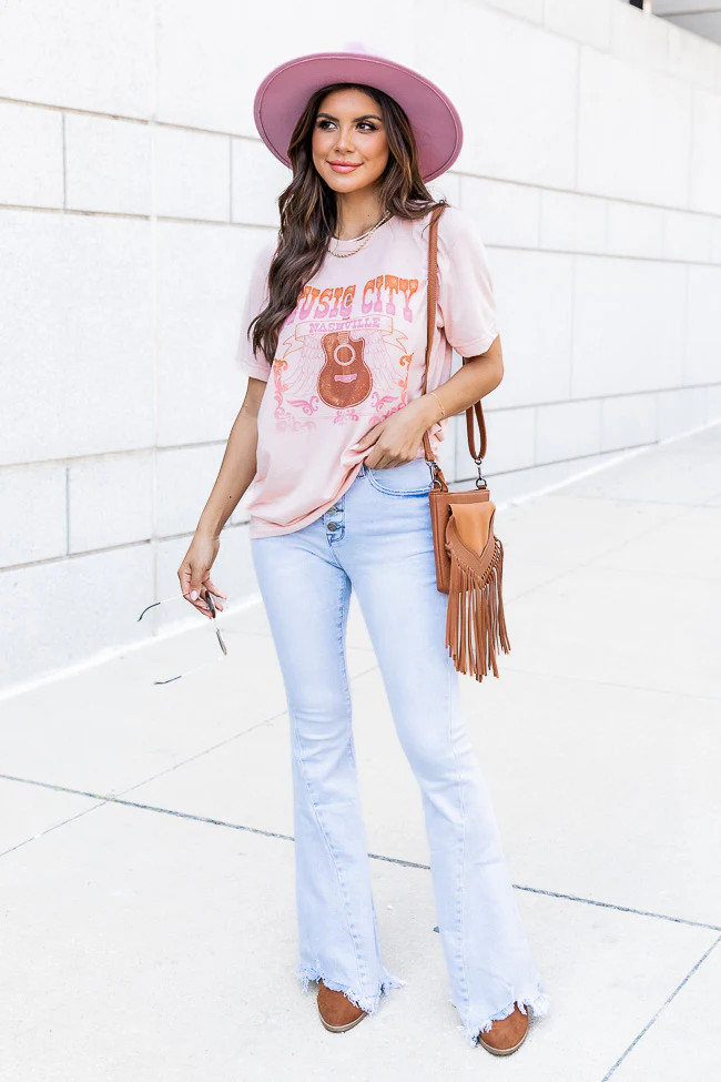 Tanya Light Wash Button Fly Flares | Pink Lily