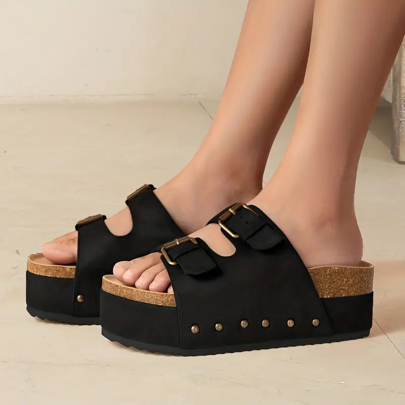 Women's Solid Color Trendy Sandals Slip Comfy Double Buckle - Temu | Temu Affiliate Program