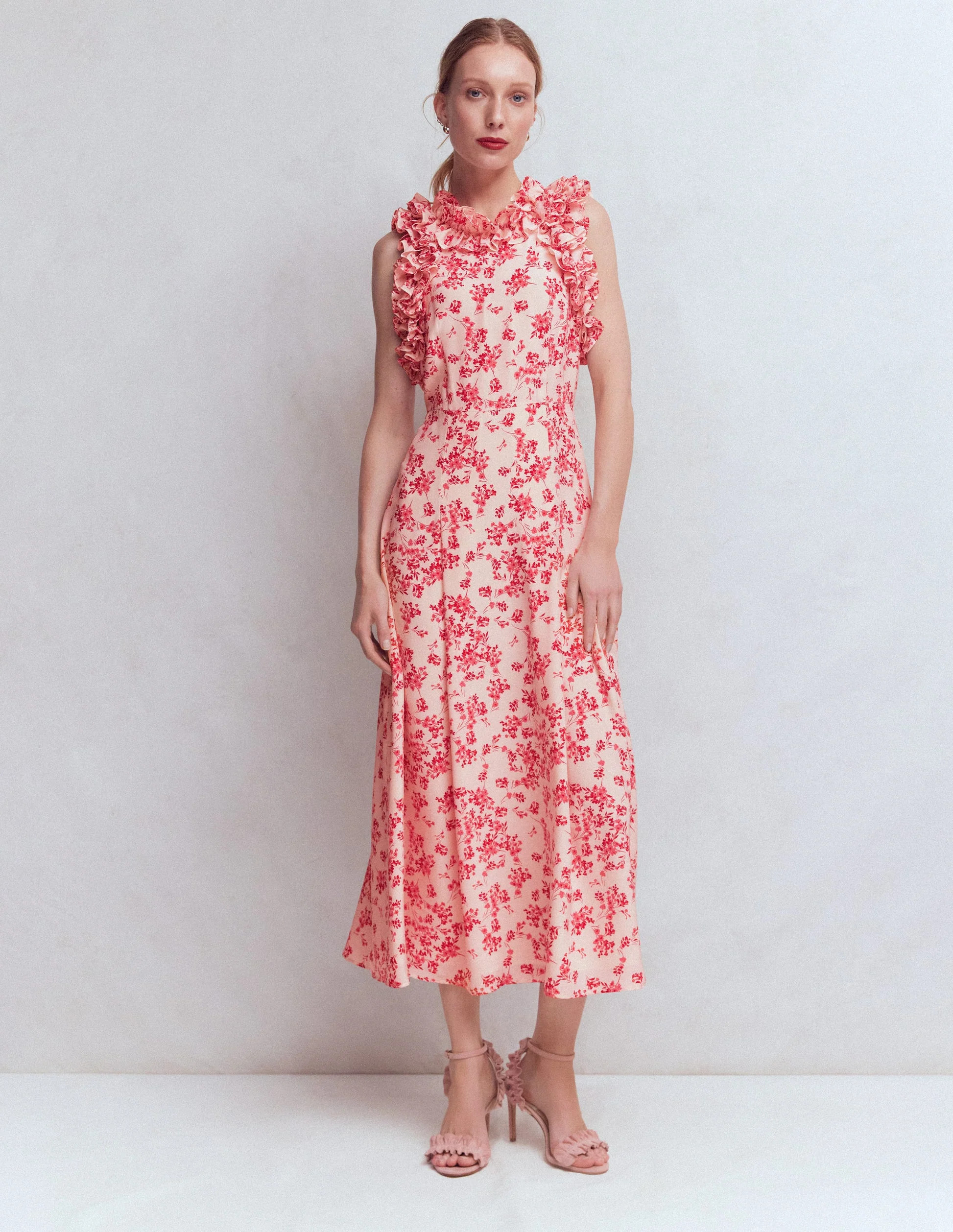 Ruffle Silk Midi Dress-Pink Bloom Scatter Mono | Boden (US)