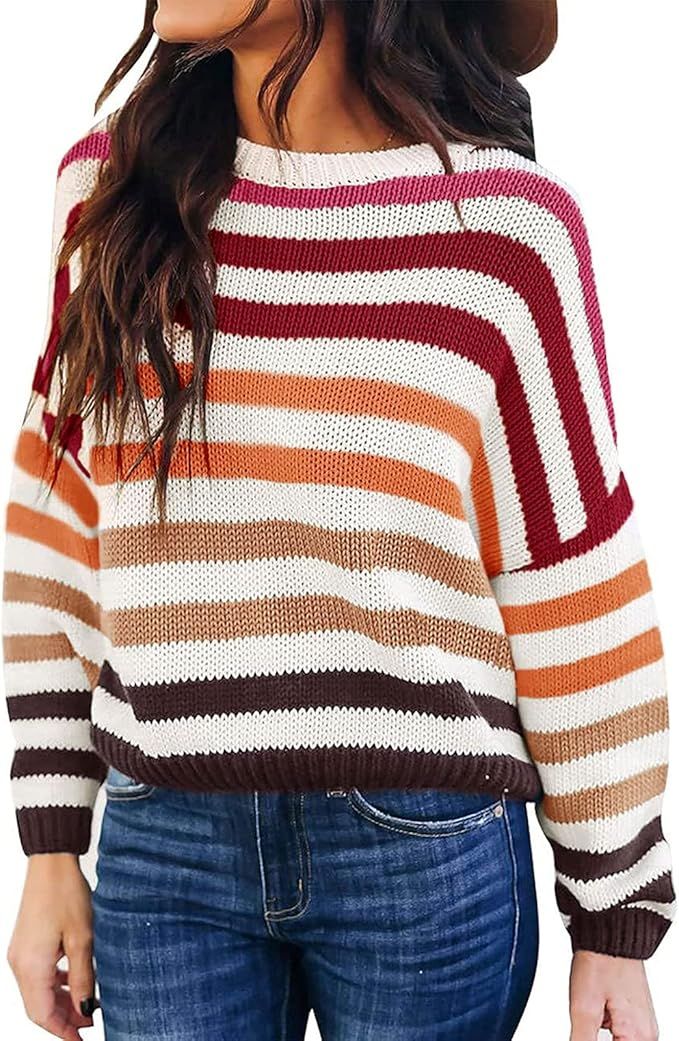 ZESICA Women's Long Sleeve Crew Neck Striped Color Block Casual Loose Knitted Pullover Sweater To... | Amazon (US)