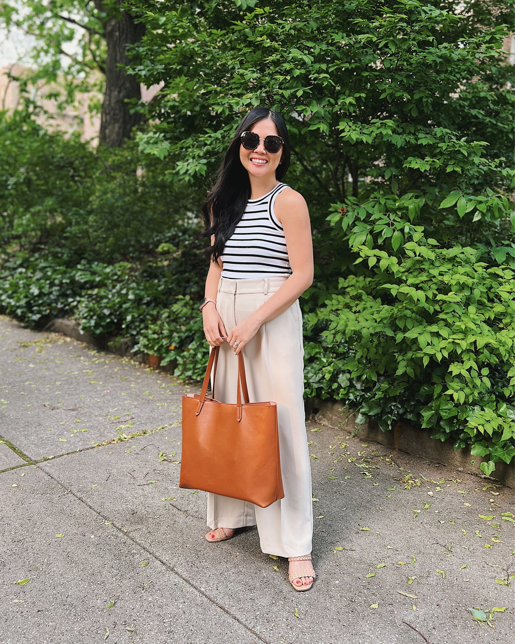 LOFT outfit
Business casual outfit 
Summer work outfit 
Black and white striped tank (XS)
High waisted pants  (4P)
Summer work pants 
Beige pants 
Petite pants 
Brown tote bag 
Braided sandals 
Braided heels 
Tortoise sunglasses 

#LTKworkwear #LTKSeasonal #LTKstyletip