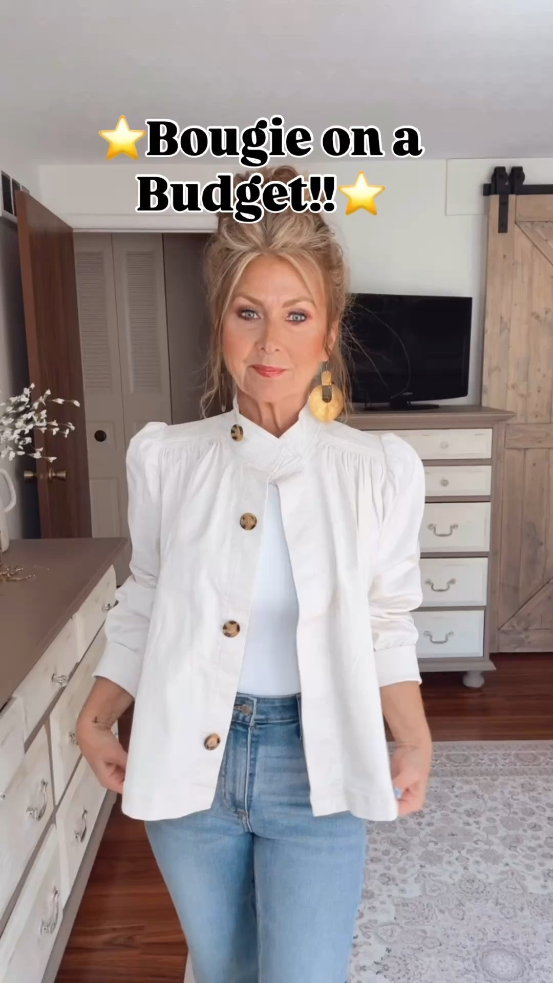 😉I am ALL about Bougie on a Budget!!
💙🎯This outfit takes the cutest Walmart jacket and pairs it with my new favorite Target jeans!!
💕The little flare at the bottom of the jeans is VERY flattering to larger thighs! 
🍒Cosy Island shoes are linked in bio! I also linked a very similar pair. 
2 THINGS:
✨1. This jacket is selling out fast
✨2. These jeans run very small! I sized up 2 sizes!
🤍Stuck a white tank bodysuit under the jacket and accessorized❤️