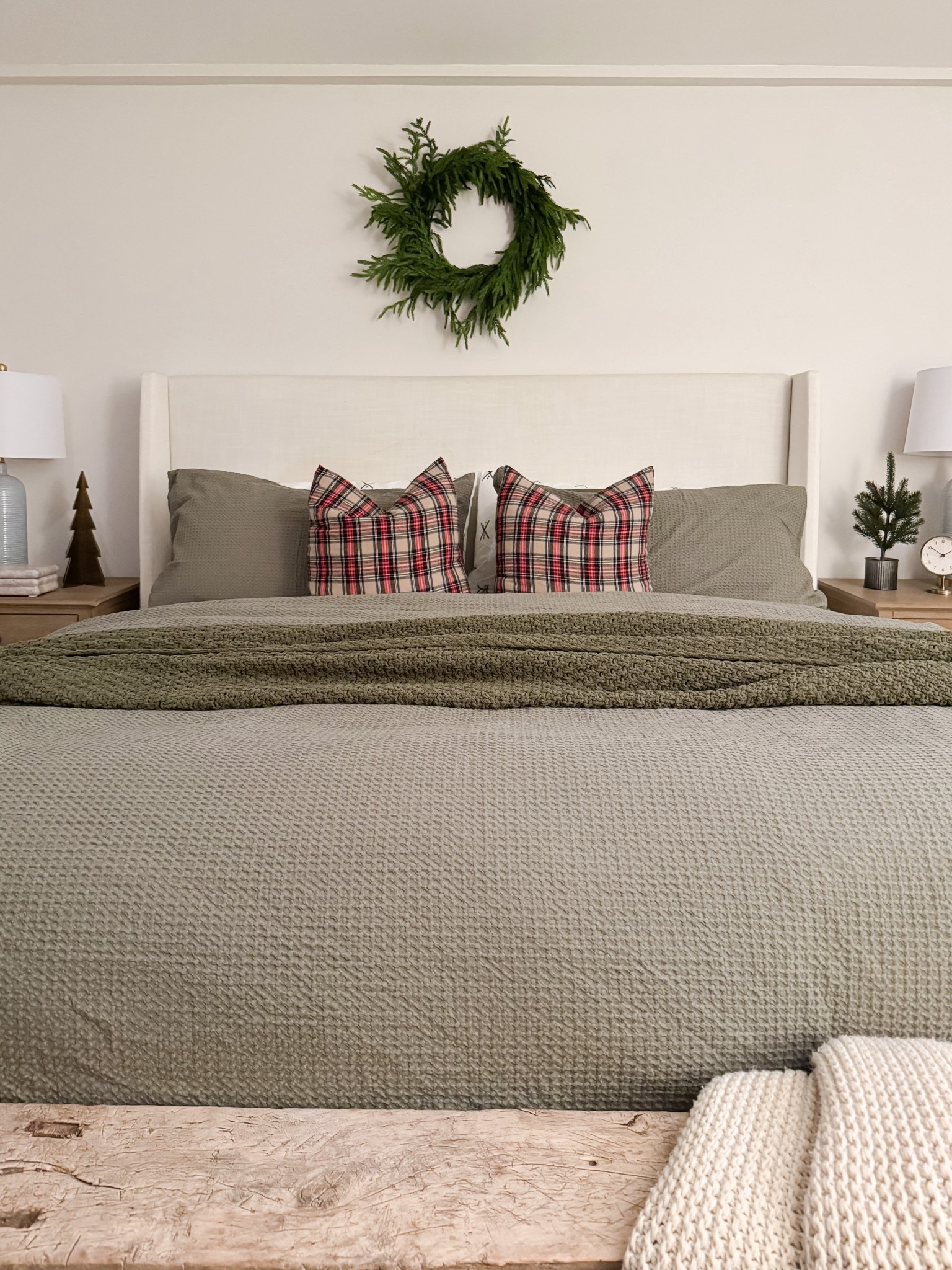 Classic holiday layers meet cozy winter comfort with rich green bedding, plaid accents, and soft neutral textures. This winter bedroom feels warm, inviting, and perfectly styled for the season.
winter bedroom, Christmas bedroom decor, coastal winter bedroom, green bedding, plaid pillows, cozy holiday bedroom, neutral bedroom decor, seasonal styling, layered bedding, coastal home, winter home decor, Sherri Calnan Home

#LTKHoliday #LTKHome