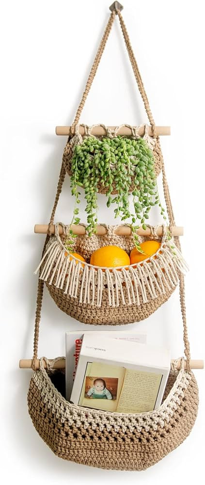 Hanging Fruit Basket,3 Tier Over the Door Organizer, Handmade Woven Wall Hanging Baskets for Orga... | Amazon (US)