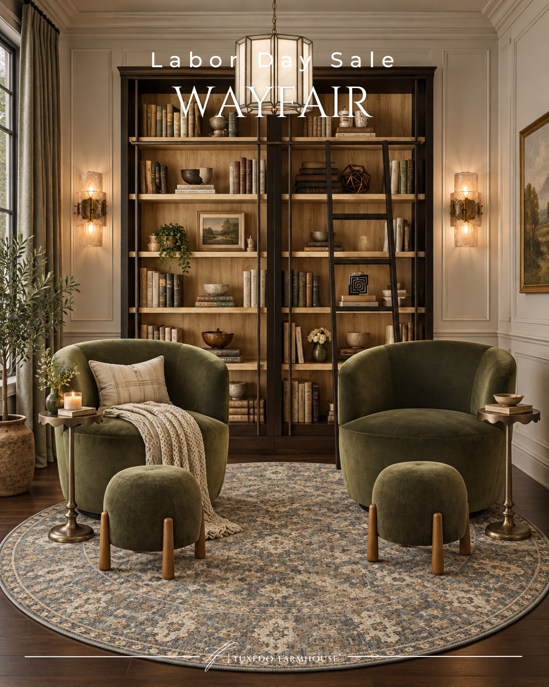 Wayfair’s Labor Day Sale is SO good! 🤎 This cozy home library came together with some beautiful sale finds—the olive green chairs, little ottomans, round vintage-inspired rug, lighting and that gorgeous bookcase with the library ladder. Such a warm, collected look for fall, and now is a great time to grab these pieces while they’re marked down!

#LTKHome #LTKSaleAlert #LTKStyleTip #WayfairSale #LaborDaySale #HomeLibrary #CozyHome #FallHomeDecor 

 #LTKSeasonal #LTKHome #LTKSaleAlert