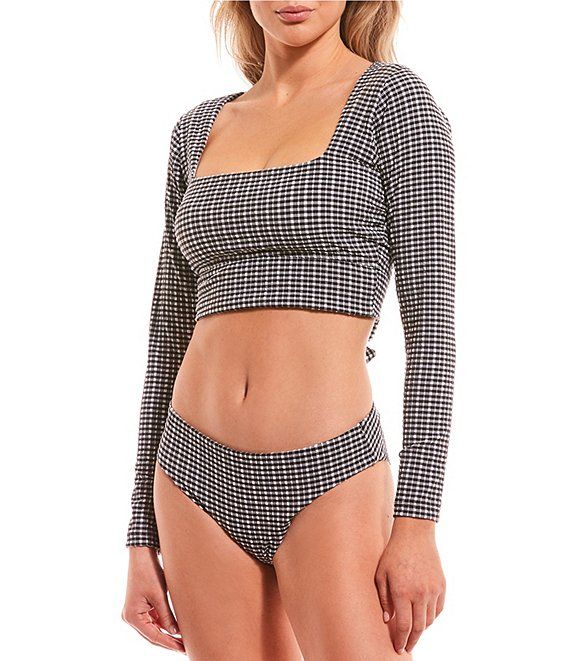 Textured Gingham Long Sleeve Cropped Rashguard Swim Top | Dillard's