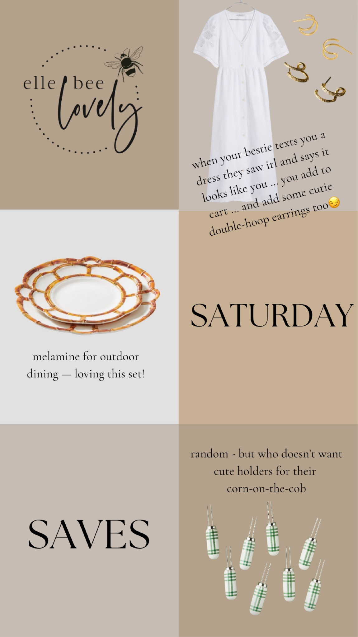 Saturday Saves - spotted here and there this week 💃🏻
.
.
.
[spring dress, earrings, jewelry, melamine, outdoor dining, outdoor plates, corn holders]

#LTKfamily #LTKSeasonal #LTKstyletip