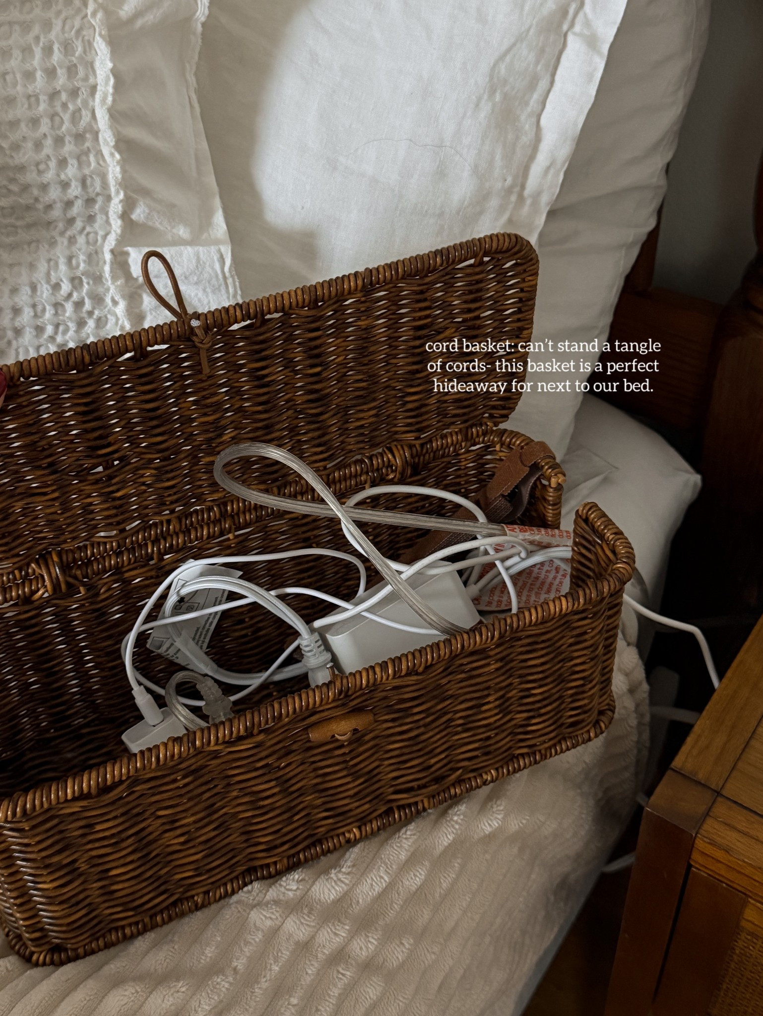 The best basket to hide cords! I put this next to my bed so all the ugly cords are hidden. 