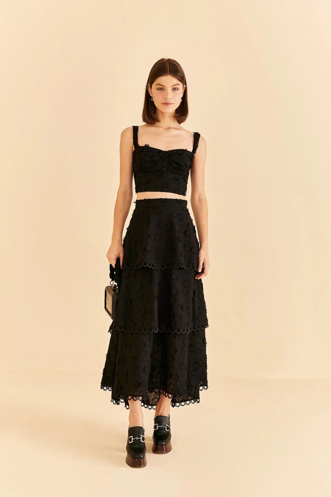 black 3d flower tiered maxi skirt | FarmRio