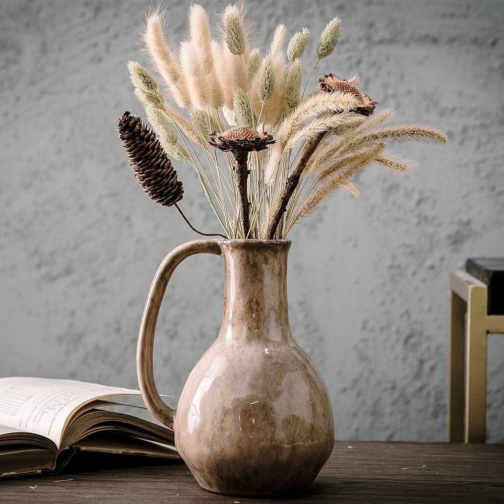 Brown Ceramic Vase with Handle, Modern Farmhouse Glazed Vases for Home Decor, Rustic Vintage Pott... | Amazon (US)