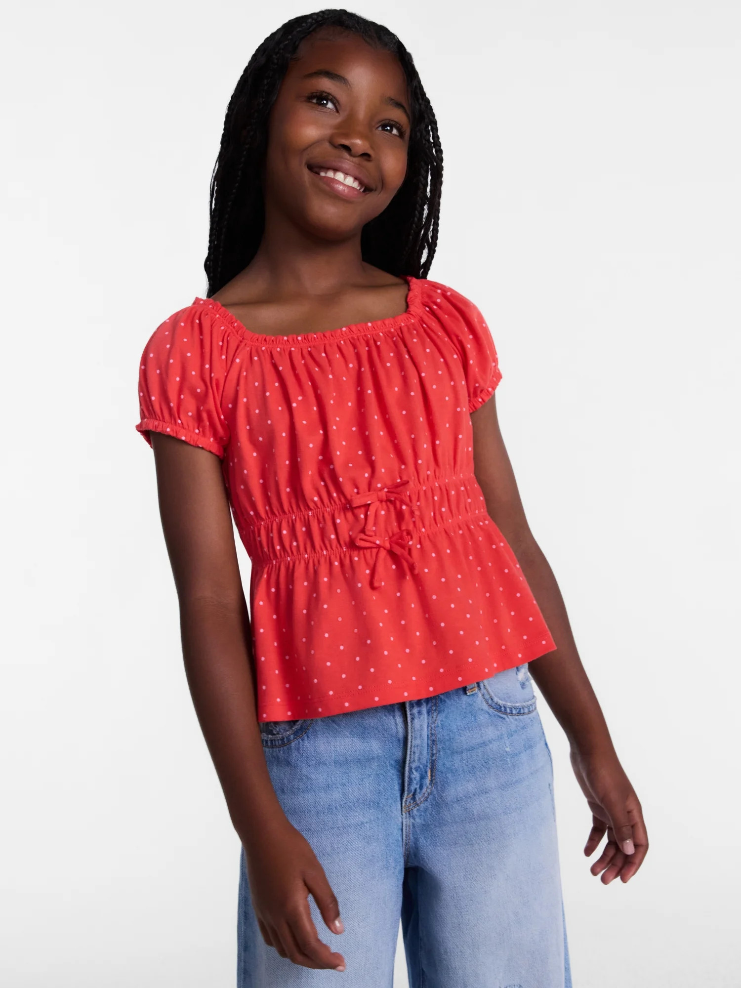 Wonder Nation Girls' Bow Front Peasant Top with Short Puff Sleeves, Sizes 4-18 & Plus | Walmart (US)