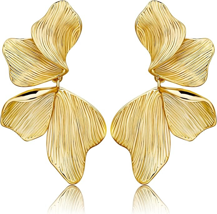 Gold Statement Earrings For Women 18K Gold Plated Sectored Flower Leaf Shell Angel Wing Earring L... | Amazon (US)