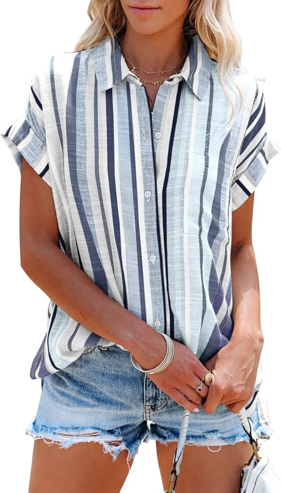 SySea Womens Short Sleeve Striped Shirts Casual Button Down V Neck Work Blouses Tops | Amazon (US)