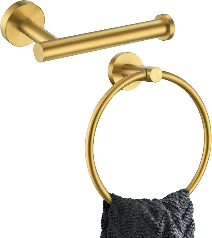 APLusee Brushed Gold 2 Pieces Bathroom Hardware Set, Hand Towel Ring and Toilet Paper Holder, 304... | Amazon (US)