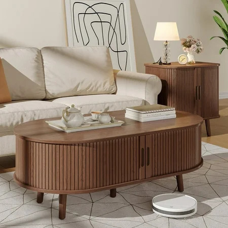 Oval Coffee Table, 42.5" Drum Coffee Table with Sliding Tambour Door, Fluted Accent Center Table with Storage, Mid Century Modern Coffee Table for Living Room, Center Table Walnut | Walmart (US)