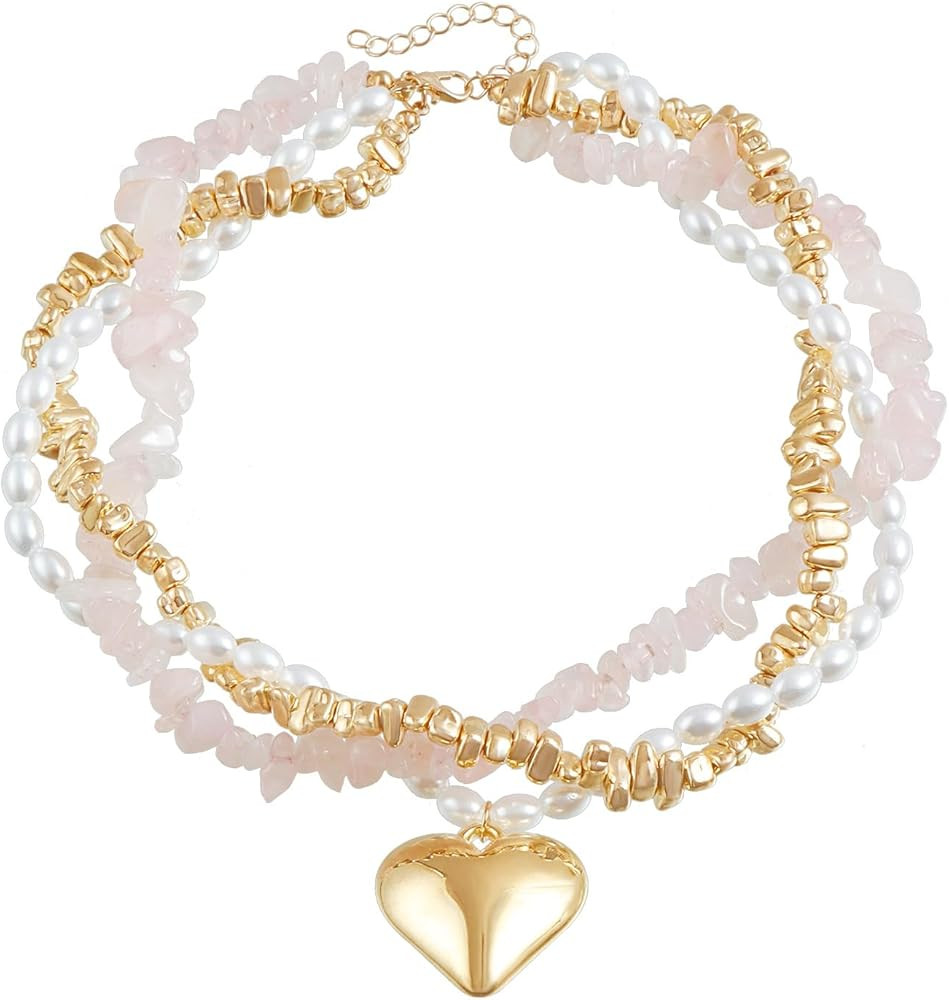 Chunky Layered Pink Beaded Chain Heart Pendant Necklace For Women Statement Boho Vintage Adjustab... | Amazon (US)