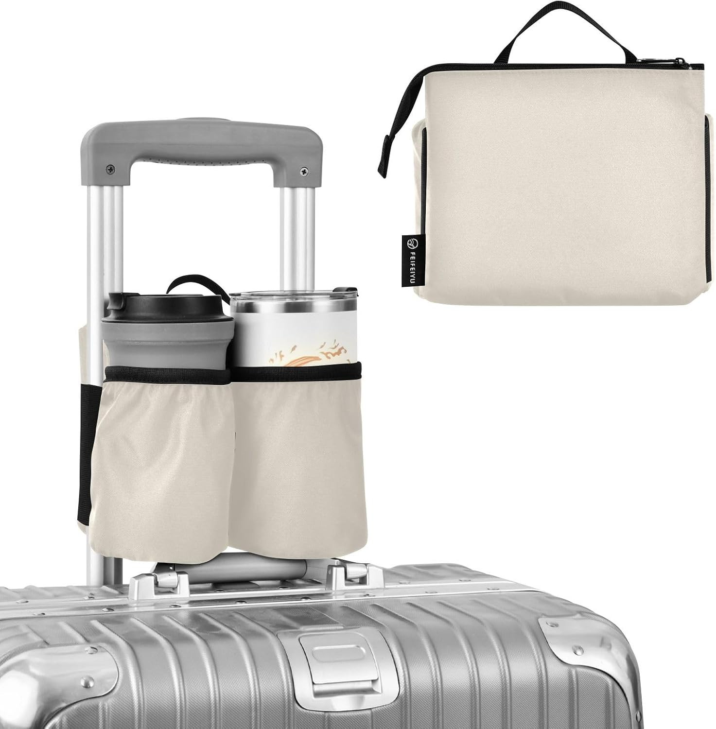 DOMIKING Beige Travel Luggage Cup Holder for Suitcase Free Hands Drink Carrier with Storage Pocket for Coffee Mugs Bottle | Amazon (US)