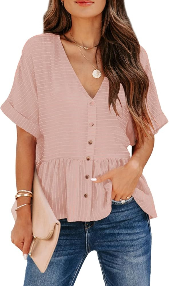 EVALESS Casual V Neck Peplum Tops for Women Short Sleeve Ruffle Hem Striped Shirts Loose Babydoll... | Amazon (US)