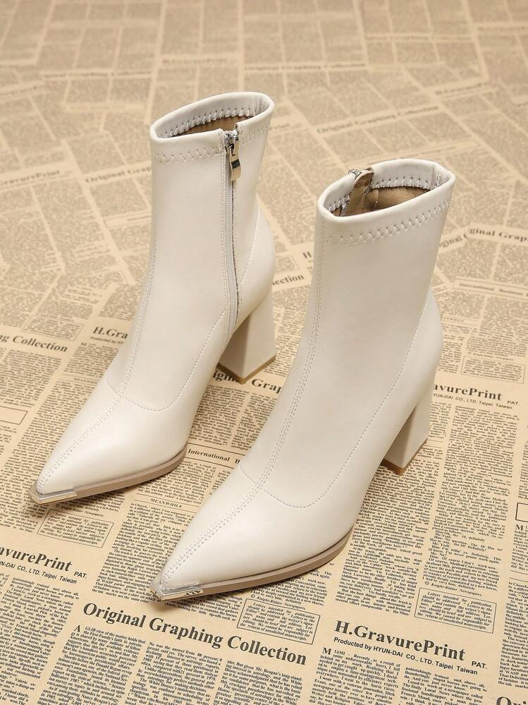 2025 Spring/Autumn New Stylish Elegant Women Beige/White Pointed Toe Chunky Heel Short Boots, Fashionable Ankle Boots For Fall/Winter | SHEIN