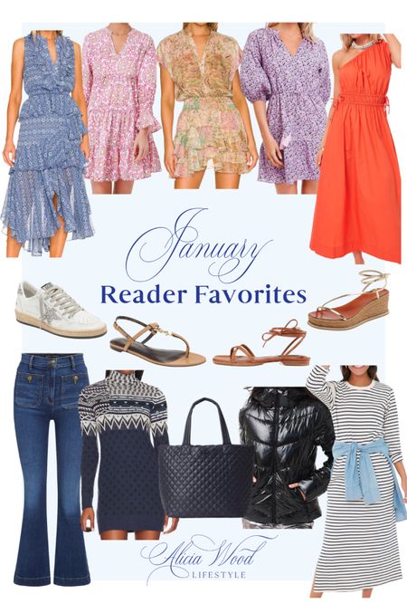The January Reader Favorites are a mix of cozy sweaters to warm weather vacations styles and a sprinkle of Valentine’s Day pink!
Misa Los Angeles blue maxi
Misa Los Angeles, pastel dress
Tuckernuck block, print, pink and orange 
Tuckernuck one shoulder orange dress 
Best high waisted denim 
Veronica Beard jeans 
Navy black and white fair isle sweater dress 
Shiny black ski coat from Bogener and Saint Bernard 
Black and white striped T-shirt 
Golden Goose sneakers
YSL nude sandals 
Jimmy Choo, gold sandals 
MZ Wallace metro deluxe  tote 
Best travel tote 

#LTKSeasonal #LTKstyletip #LTKFind
