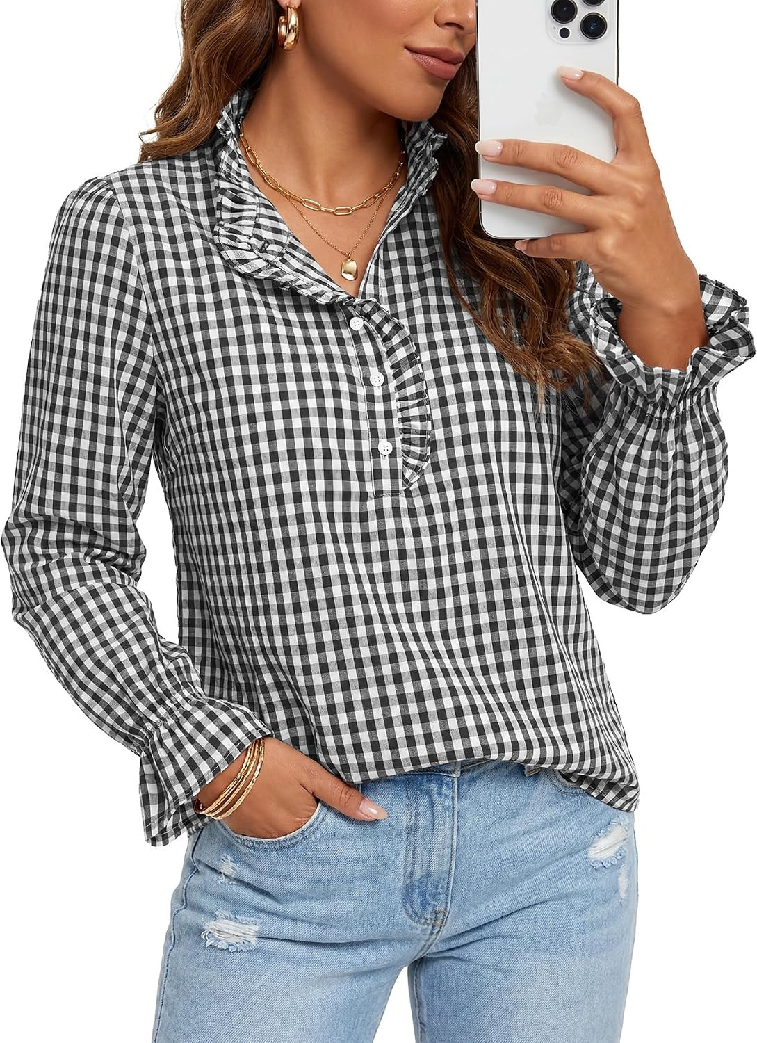 KIFOVEN Women's Cotton Plaid Long Sleeve Blouse | Amazon (US)