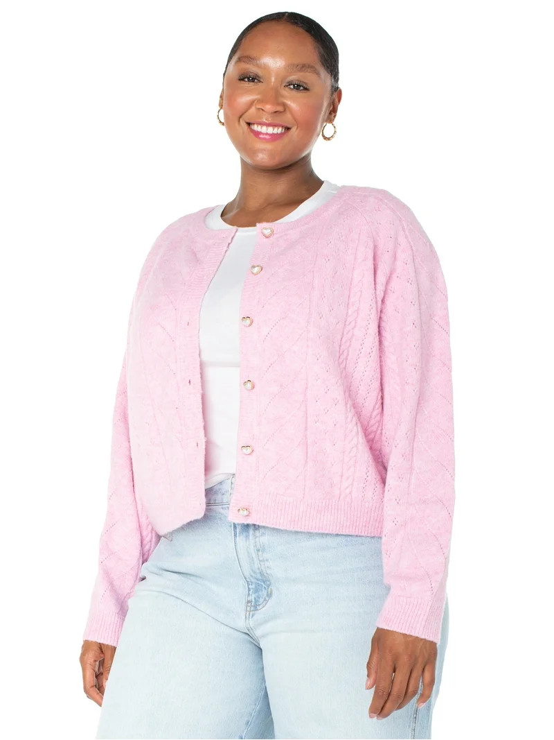 Celebrity Pink Women's and Women's Plus Cable Knit Crew Neck Cardigan, Sizes XS-4X | Walmart (US)