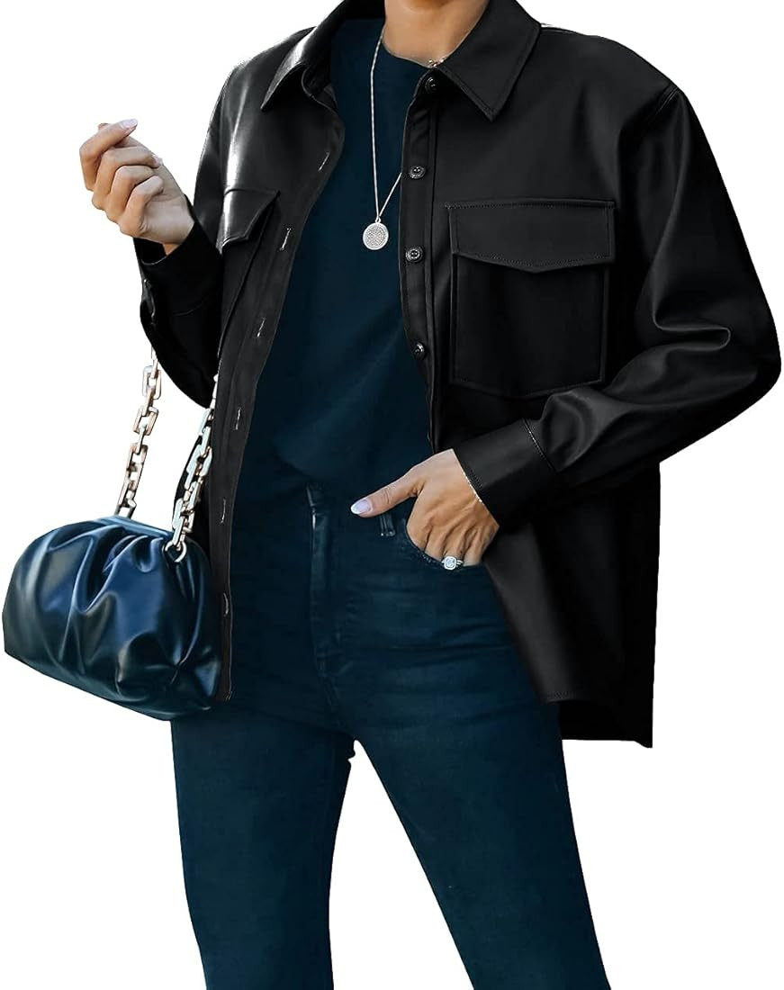 Womens Button Front Faux PU Leather Jacket Shacket Casual Shirt Long Sleeve Blazer Coat with Bust... | Amazon (US)