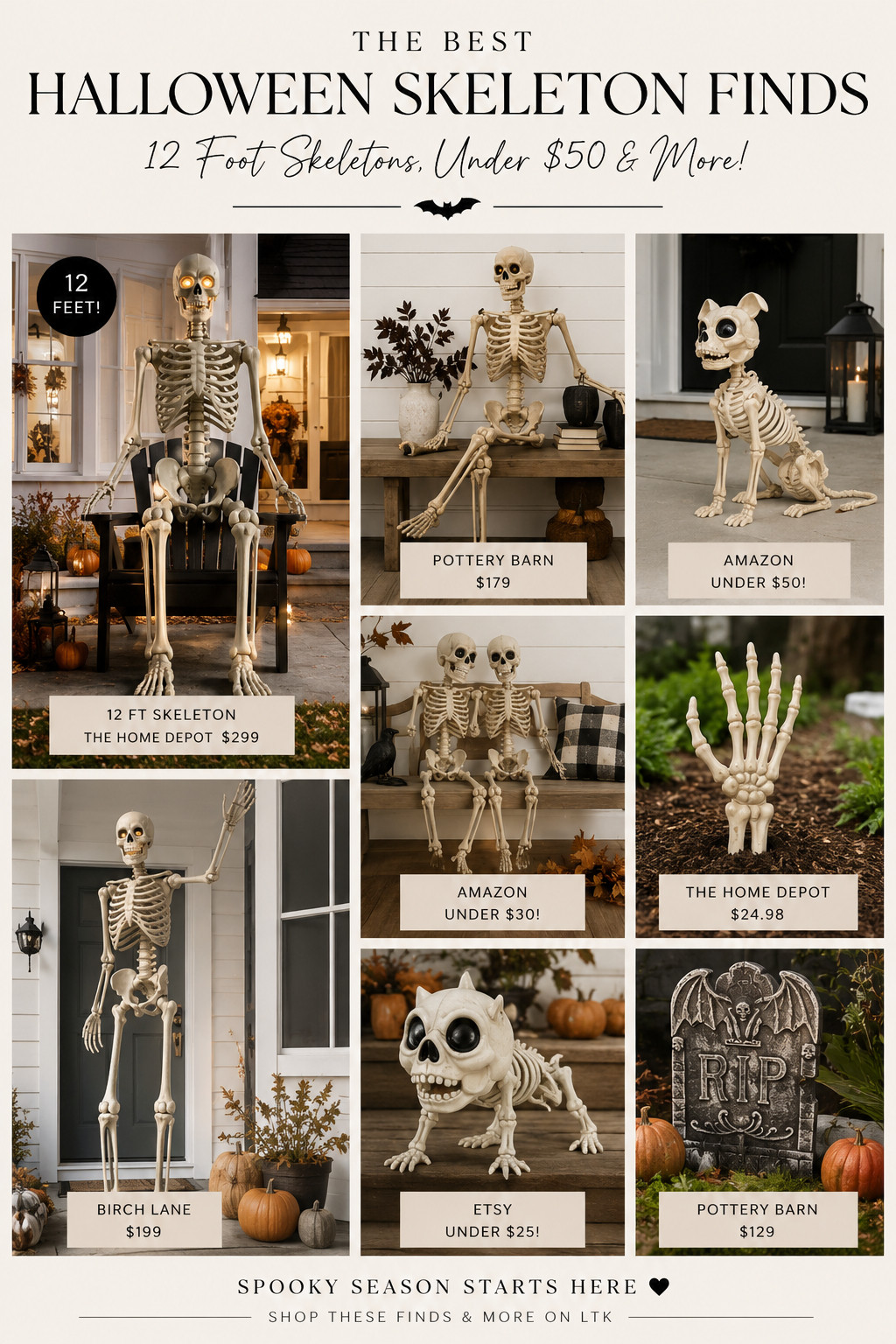 Halloween just got a MAJOR glow up 🖤🎃 From the viral 12 ft skeleton everyone is obsessed with to budget-friendly skeleton decor under $50… I found the BEST spooky season finds 👀 Think Amazon steals, Etsy handmade pieces, Home Depot’s iconic giant skeleton, plus chic Pottery Barn + Birch Lane skeleton decor for that elevated haunted vibe 🕯️💀 Whether you’re going full haunted house or just adding a few cute spooky touches, these skeleton finds are EVERYTHING this year ✨

#halloweendecor #halloweenfinds #skeletondecor #12ftskeleton #homedepothalloween #amazonfinds #etsyhalloween #potterybarnstyle #birchlanehome #spookyseason #halloweenvibes #ltkhome #ltkseasonal #ltkfall #halloweenaesthetic #spookyhome #halloweeninspo #fallhome #halloweendecorations #budgetdecor #affordablehome #under50finds #seasonaldecor #cozyhome #pumpkinseason #modernhalloween #neutralhalloween #viralfinds #homeinspo #decorinspo 

 #LTKSeasonal #LTKHome #LTKSaleAlert