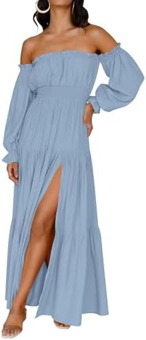 ZESICA Women's Boho Off Shoulder Spring Long Sleeve Dress 2026 High Waist Side Split Sexy Flowy A... | Amazon (US)