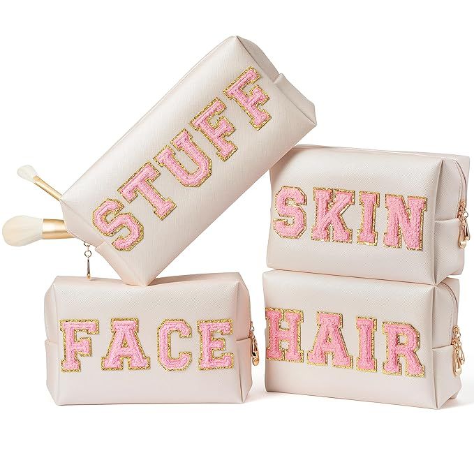 Y1tvei 4Pcs Preppy Patch Varsity Letter Makeup Bag Sewn with Pink Skin Hair Face Stuff Chenille L... | Amazon (US)