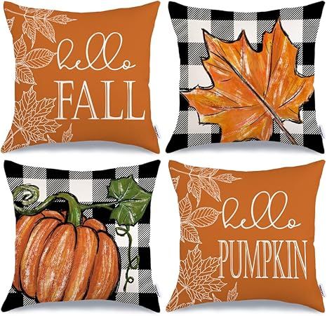 Fall Pillow Covers 18x18 Set of 4 for Fall Decor Buffalo Plaid Pumpkin and Maple Leaves Outdoor F... | Amazon (US)