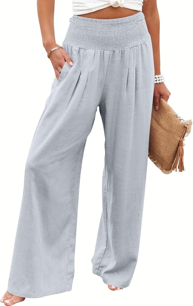 ANRABESS Women Linen Palazzo Pants Summer Boho Wide Leg High Waist Casual Lounge Pant 2024 Beach ... | Amazon (US)
