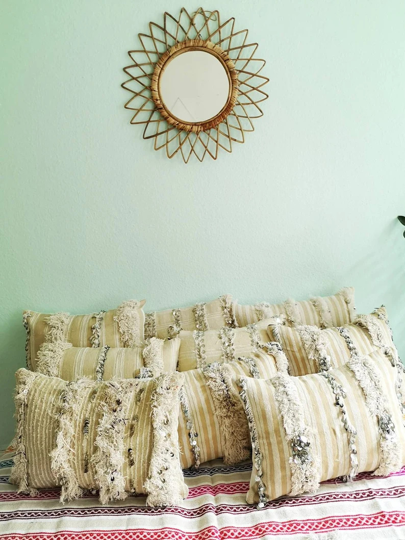 Vintage  handira pillow cover, cushion, sequin wool pillow , moroccan wedding blanket pillows ber... | Etsy (US)