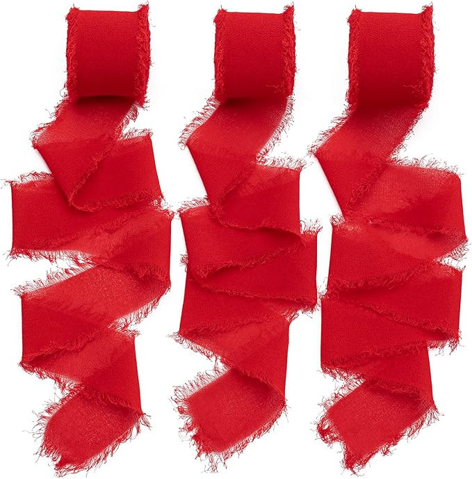 Chiffon Ribbon, 3 Rolls Red Handmade Fringe Chiffon Silk Ribbon 1.5" x 7Yd Ribbons Set for Weddin... | Amazon (US)