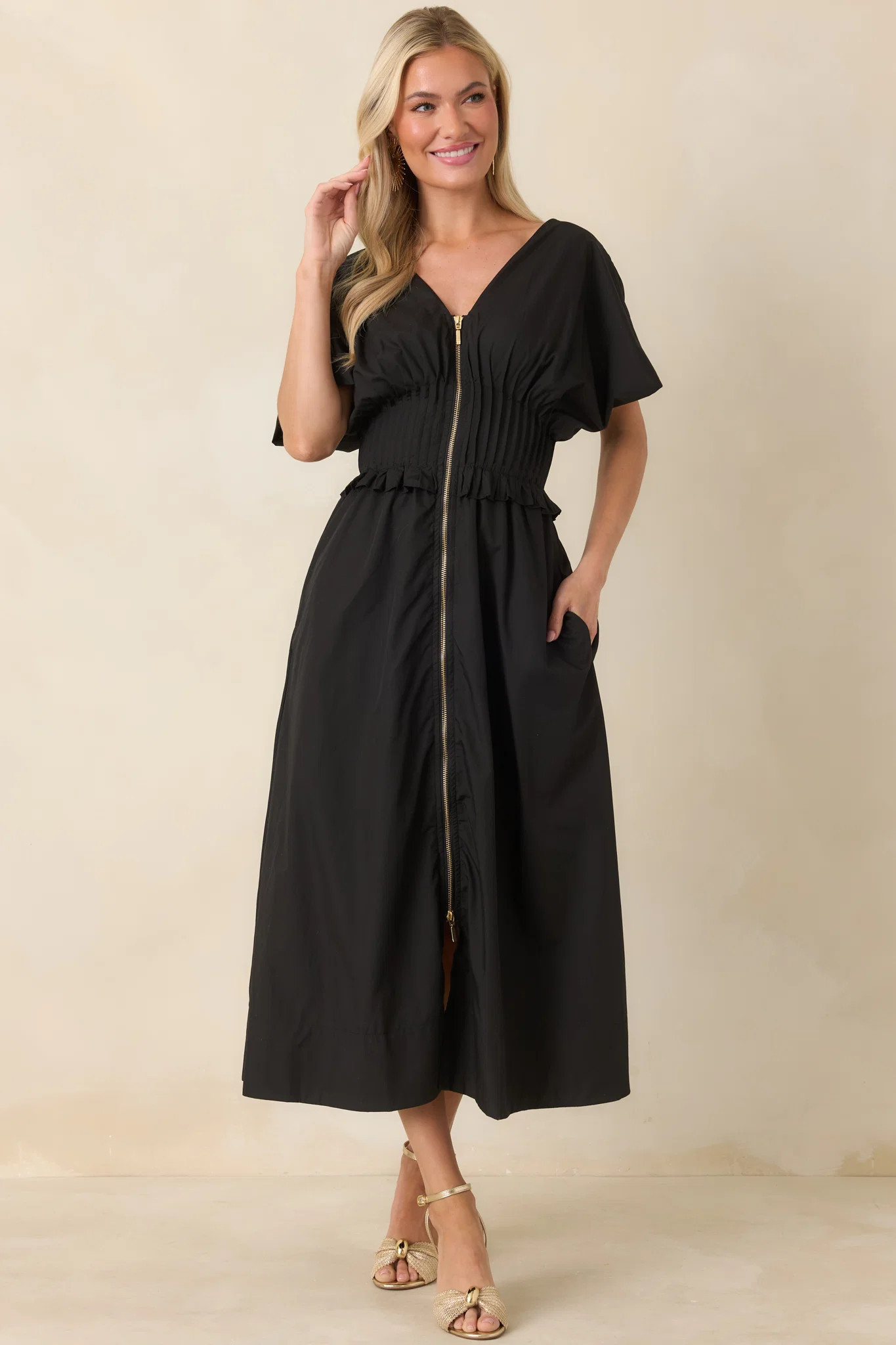 Let It Be Easy Black Smocked Waist Zip Maxi Dress | Red Dress