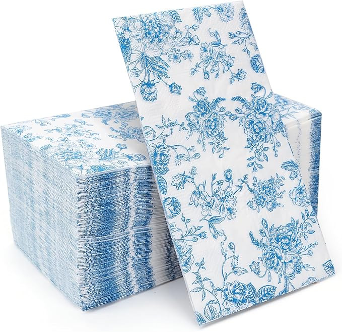 100 Pack Blue Floral Guest Hand Towels Disposable for Bathroom, Blue Floral Paper Napkins Decorat... | Amazon (US)