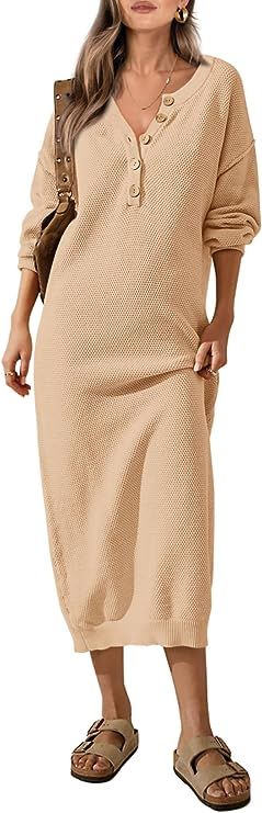 PRETTYGARDEN Women's 2023 Fall Knit Sweater Dress Long Sleeve Button V Neck Loose Casual Maxi Dre... | Amazon (US)