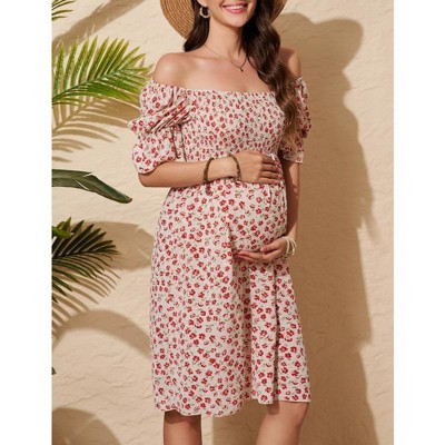 Women's Maternity Dress Floral Square Neck A Line Fashion Dress Short Sleeves Maternity Dress for Photography Red Print Medium | Target