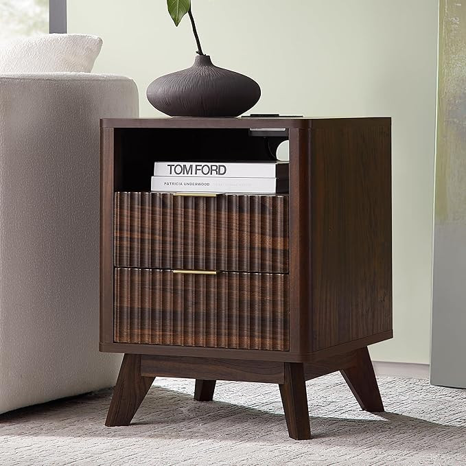 T4TREAM Fluted Nightstand with Charging Station, 18" Modern Side Table, 2 Drawers End Table with ... | Amazon (US)