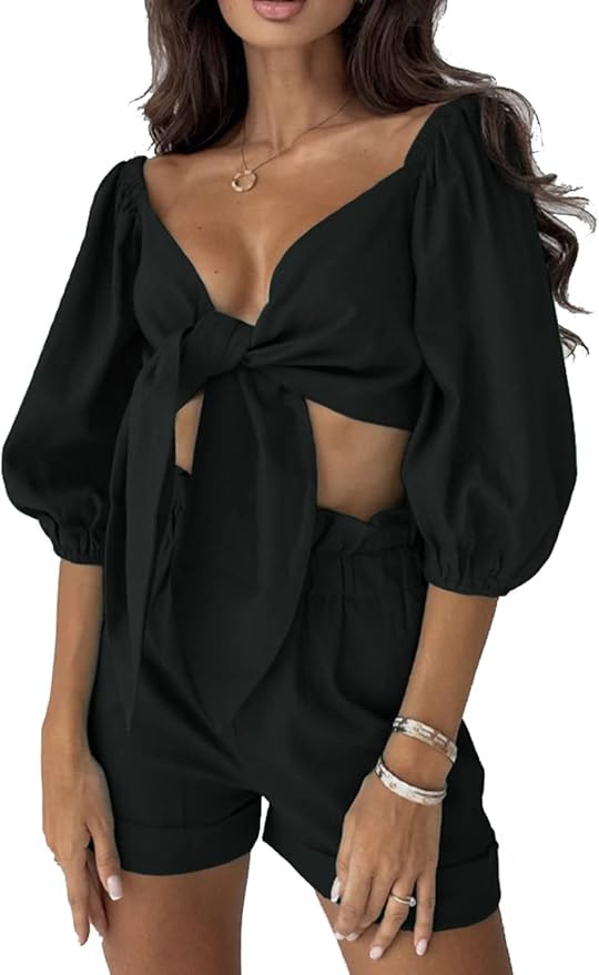 Natsuki 2 Piece Outfits for Women Summer Tie Front Short Suit Set Short Sleeve Crop Top and Short... | Amazon (US)
