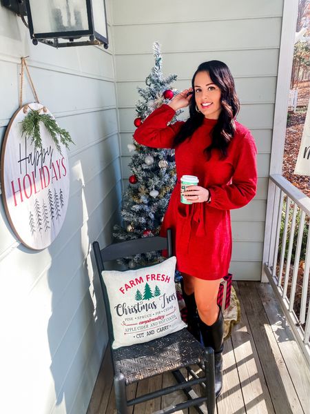 Under $45 amazon chenille tie front sweater dress (wearing a small, comes in 13 colors) this is super soft and would be perfect for the holidays or Christmas parties! $36 amazon black western knee high boots on sale! (Comes in 4 colors, runs tts)— a perfect look for winter! 🎄❄️ #founditonamazon 

#LTKunder50 #LTKCyberweek #LTKHoliday