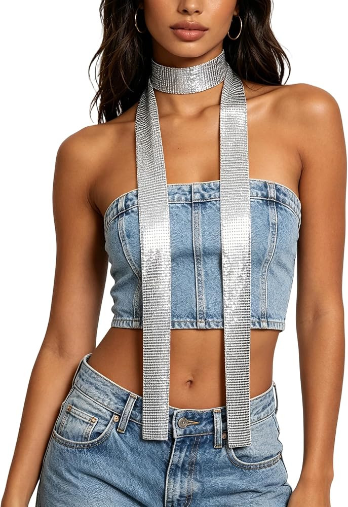 Metal-Sequin-Disco-Scarf for Women Sparkly Long-Skinny-Scarves Glitter-Necktie-Belt for Party Pro... | Amazon (US)