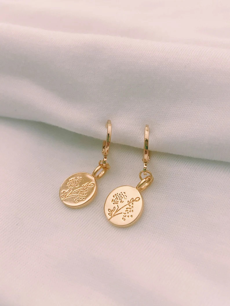 Floral Medallion Coin Huggie Hoop Earrings, Gold Huggie Earrings With Charm, Gold Medallion Earri... | Etsy (US)