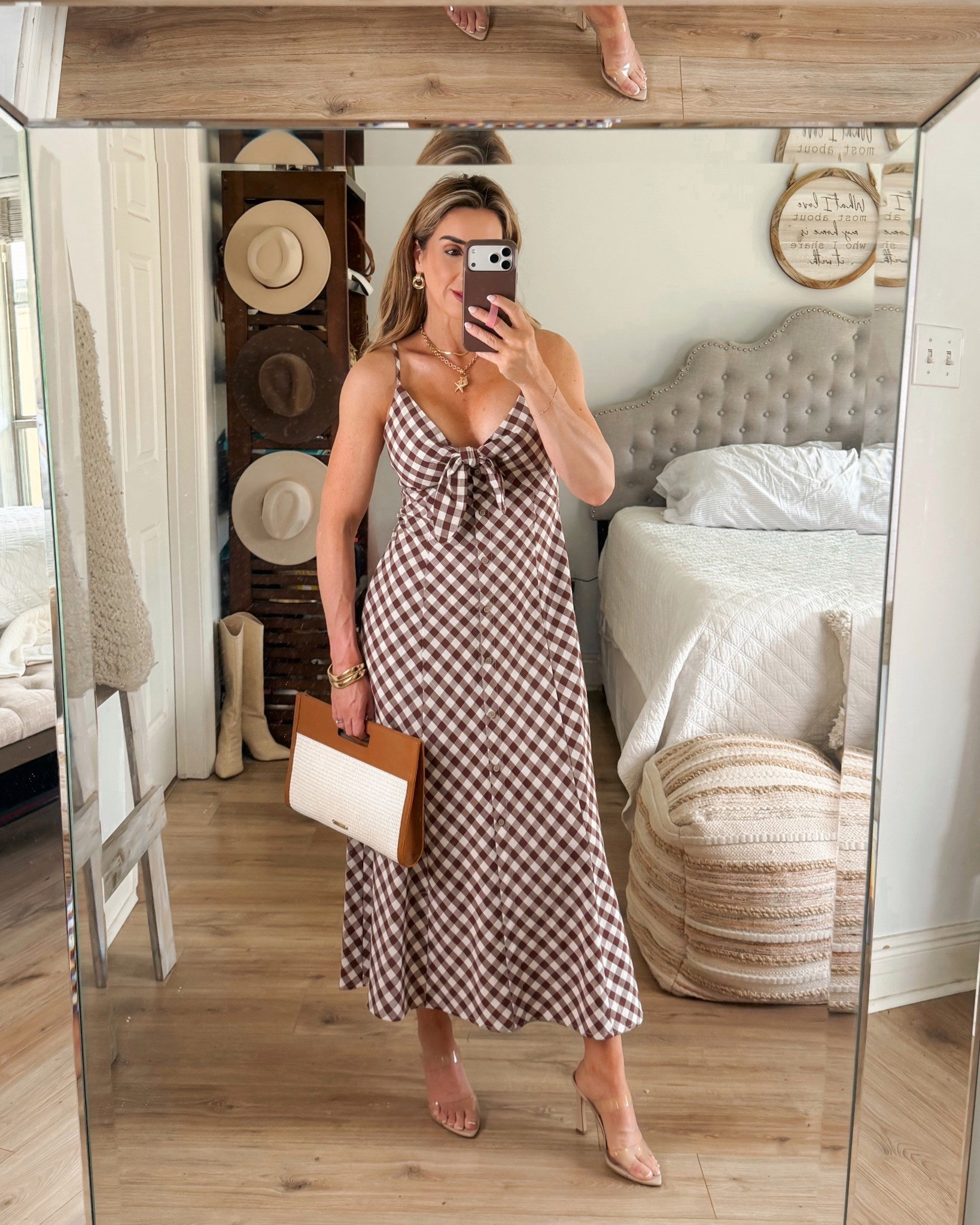 This chocolate brown gingham midi dress is so darling! The bust tie detail and adjustable straps are perfect. 

Spring outfits 2026, spring break outfits, spring dresses, Easter dresses, beach dress, vacation dresses, wedding guest dress, baby shower dress

#LTKWedding #LTKootd #LTKPetite