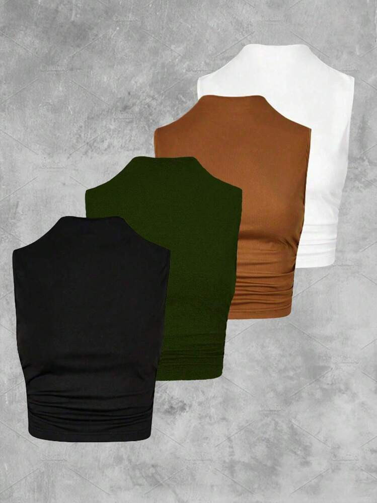Calvaya Plus Size Solid Color Sleeveless Top With Pleats & Stand Collar, Spring/Summer | SHEIN