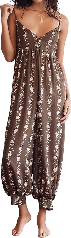 Huaqiao Women Loose Sleeveless Jumpsuits Spaghetti Strap Harem Overalls Boho Summer Floral Print ... | Amazon (US)