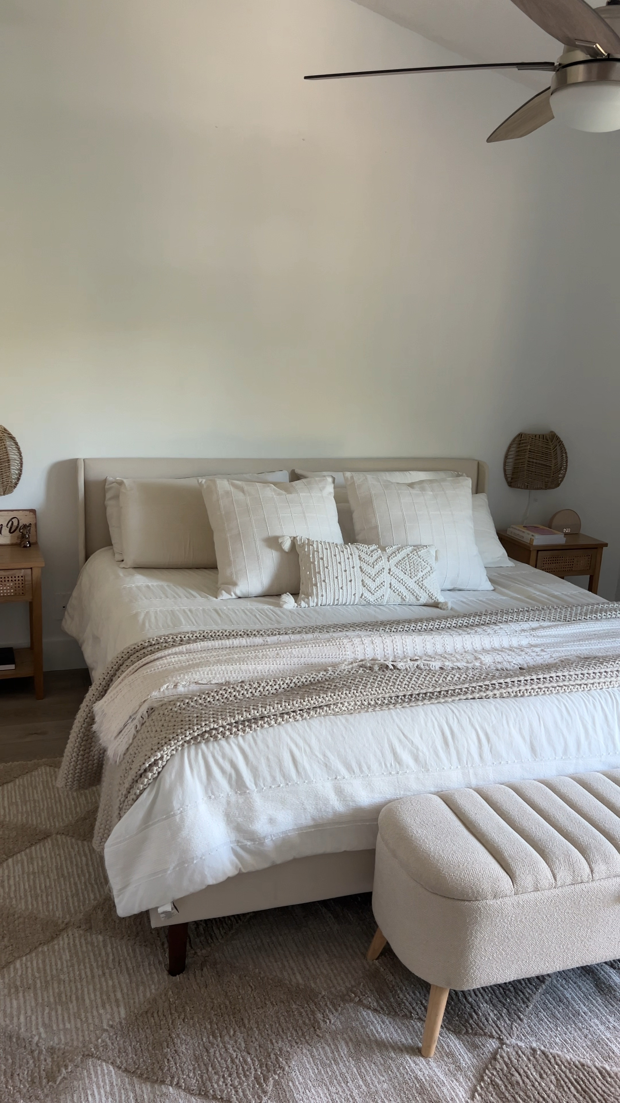 neutral bedroom + rug 
Beige bedframe: Home Depot
Neutral bedding: Target 
Rattan nightstands: Amazon 
Neutral Bedroom rug: Target 
Lamps: ikea
Alarm clock: hatch 
Neutral end of bed bench: home goods 

