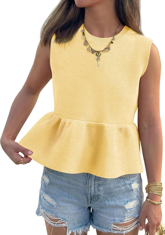 Saodimallsu Womens Sleeveless Babydoll Tank Tops Peplum Ruffle Crew Neck Ribbed Knit Summer Trend... | Amazon (US)