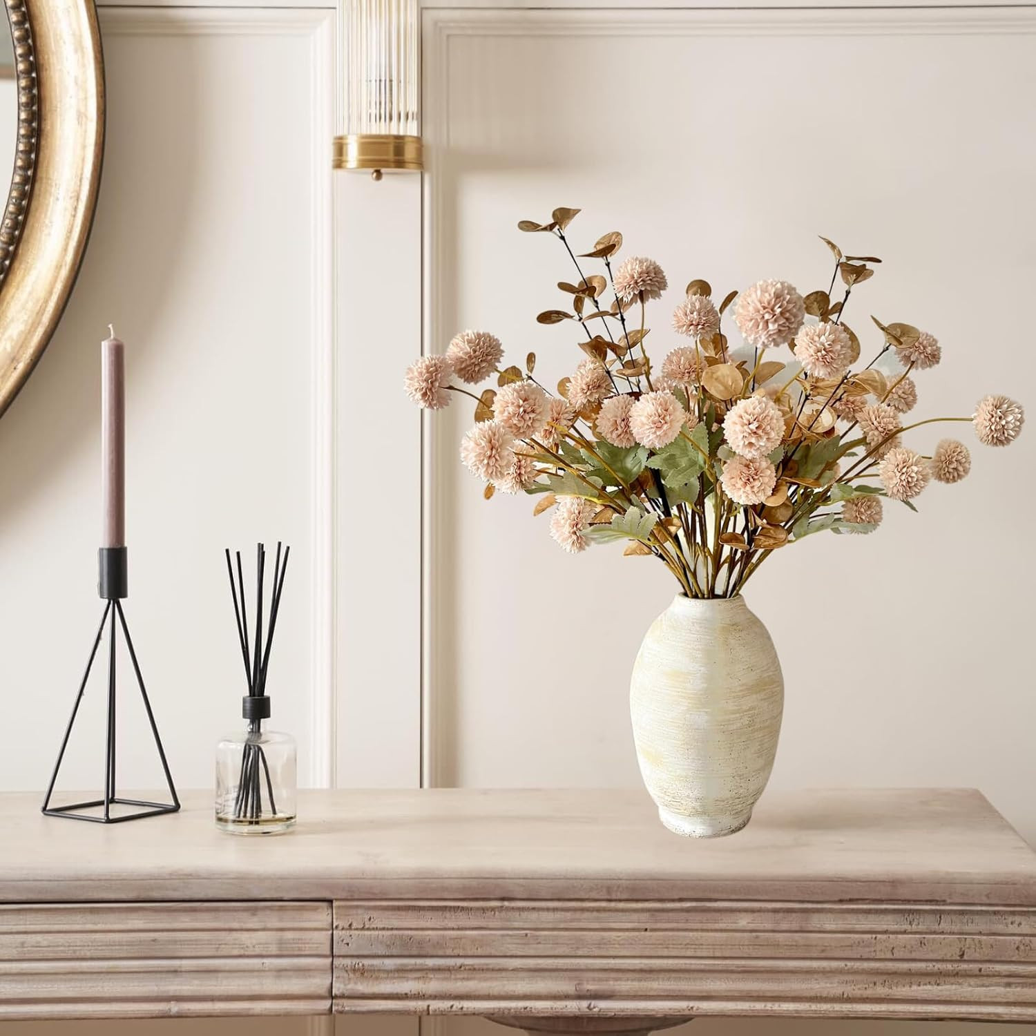 Beige Flowers Artificial + Eucalyptus, Fake Mums Long Stem Flowers, Tan Nude Cream Neutral Flower... | Amazon (US)